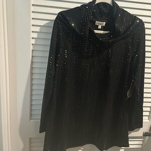 NWT One World Black Sequin Top with Cowl Neck and long sleeves. Size M